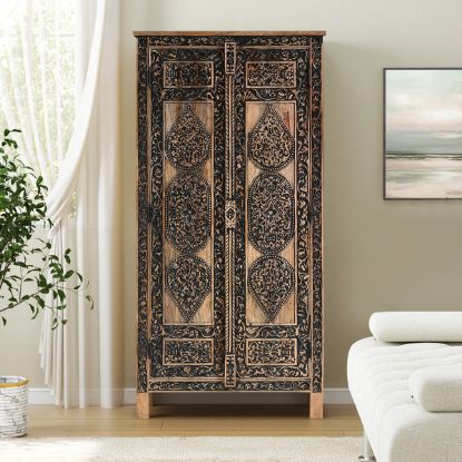 Picture of Siskiyou Traditional Style Rustic Black Ornate Carving Antique Armoire