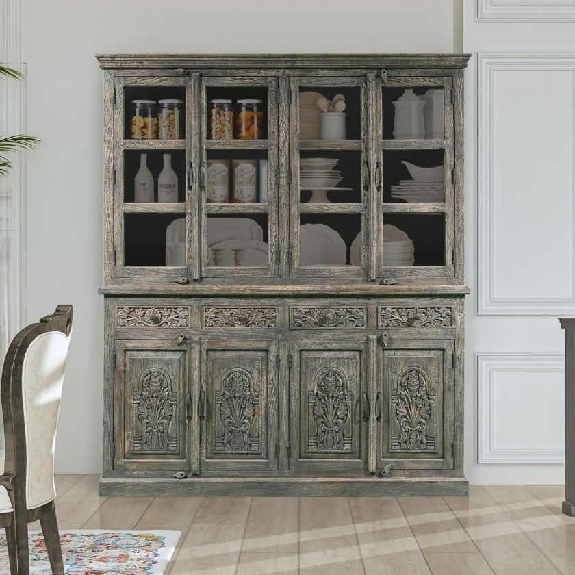 Picture of Stratford Rustic Large Kitchen Hutch with Glass Doors