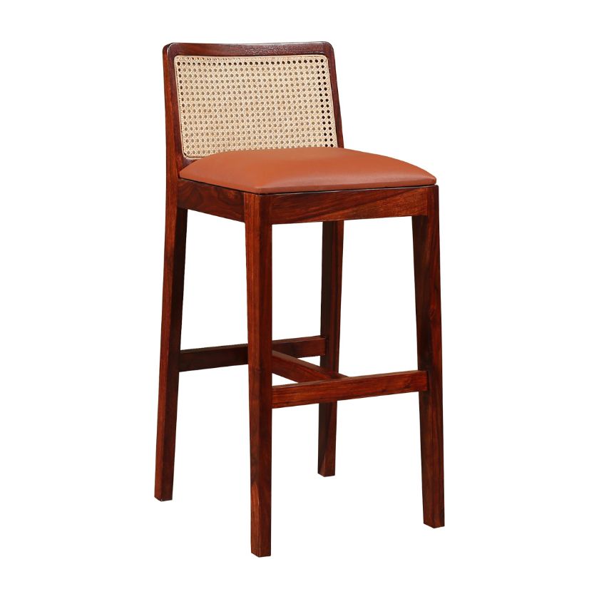 Picture of Orange Mid Century Leather Bar Stool with Cane Back