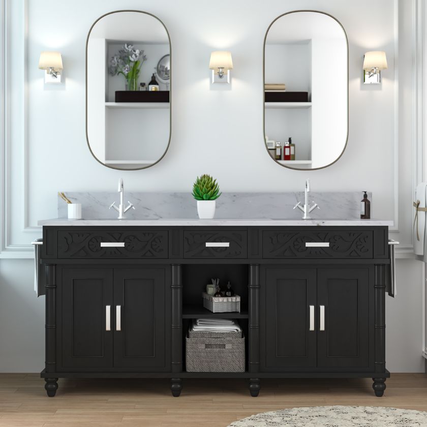 Picture of  Ponce Farmhouse Solid Wood Black Bathroom Vanity with Double Sink Space 