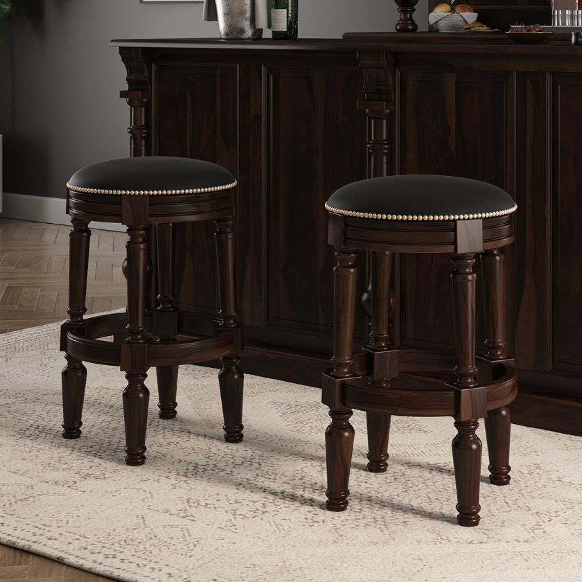 Picture of Nahant Traditional Round Leather Bar Stool Set of 2