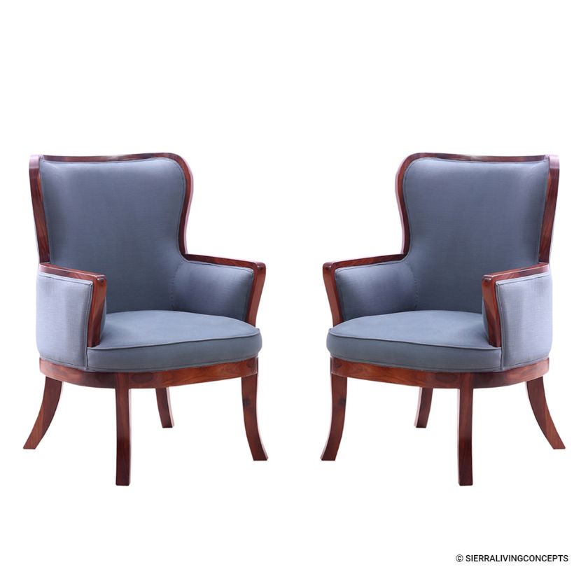 Picture of Walnut Wooden Frame Modern Wing Armchair Set of 2