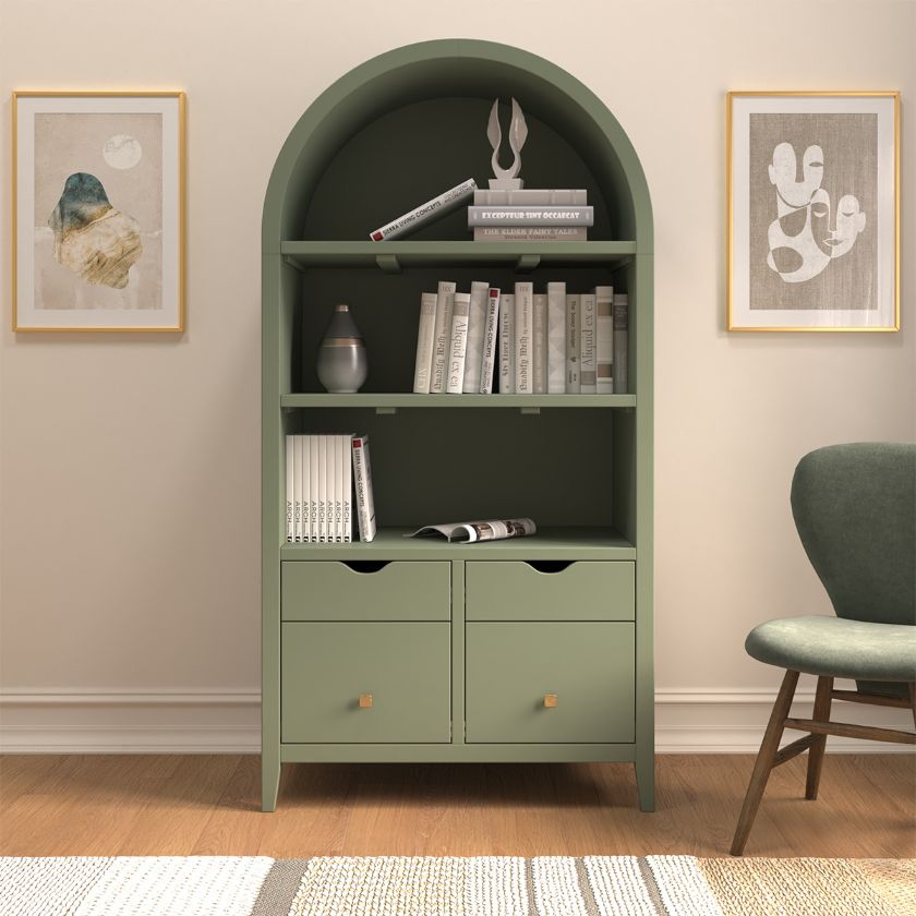 Picture of Huntington Solid Wood Arched Bookcase with Hidden Drawers