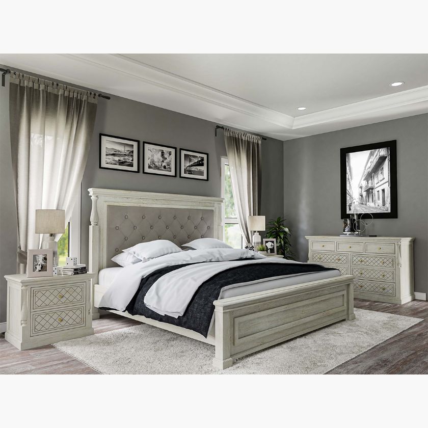 Picture of Bendigo Solid Wood 4 Piece Weathered White Bedroom Set