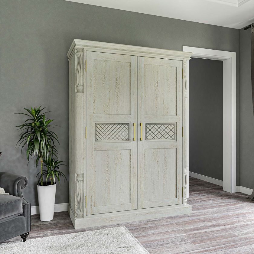 Picture of Bendigo Weathered White Armoire Wardrobe with Drawers