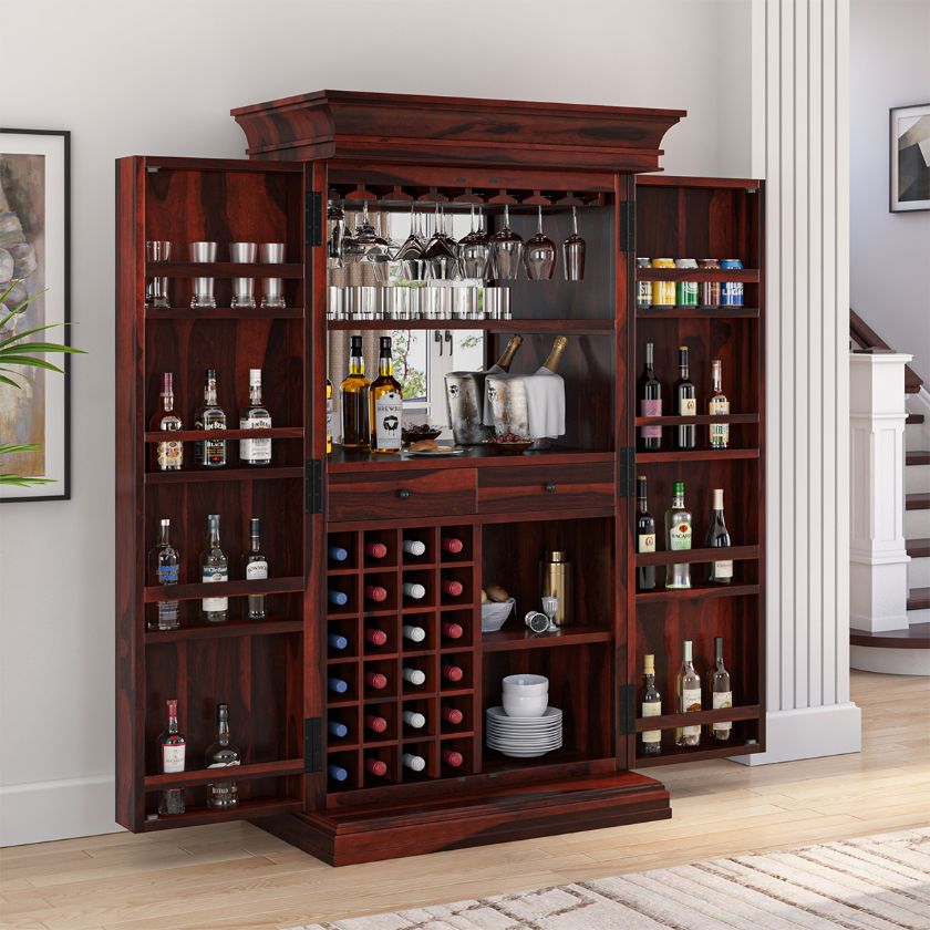 Picture of Astoria Solid Wood Tall Bar Cabinet with Mirror