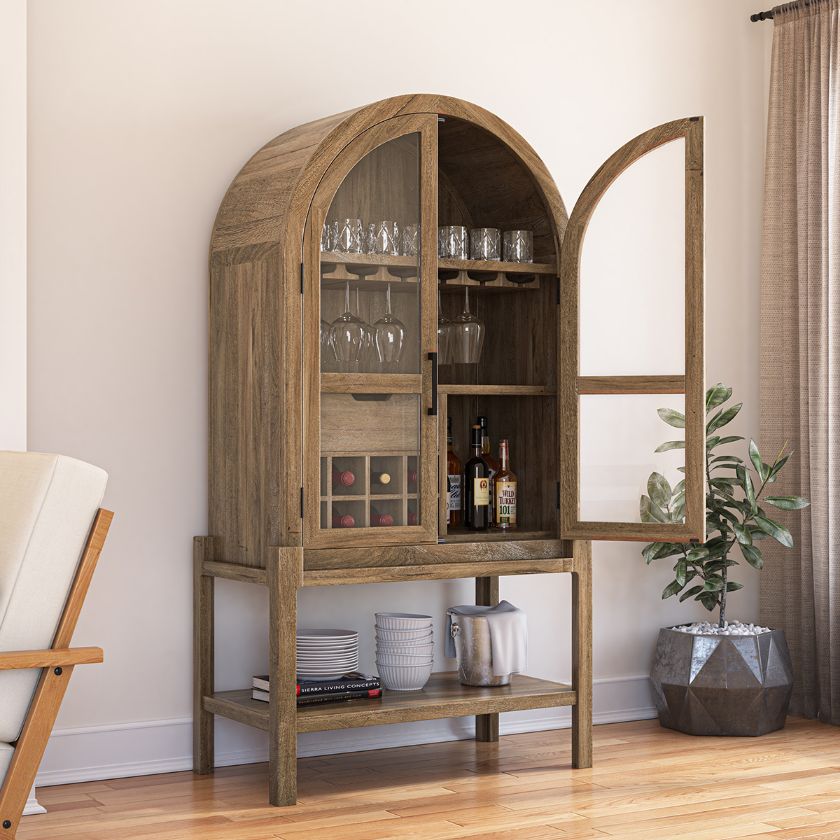 Picture of Ocala Rustic Tall Arched Bar Cabinet with Glass Doors