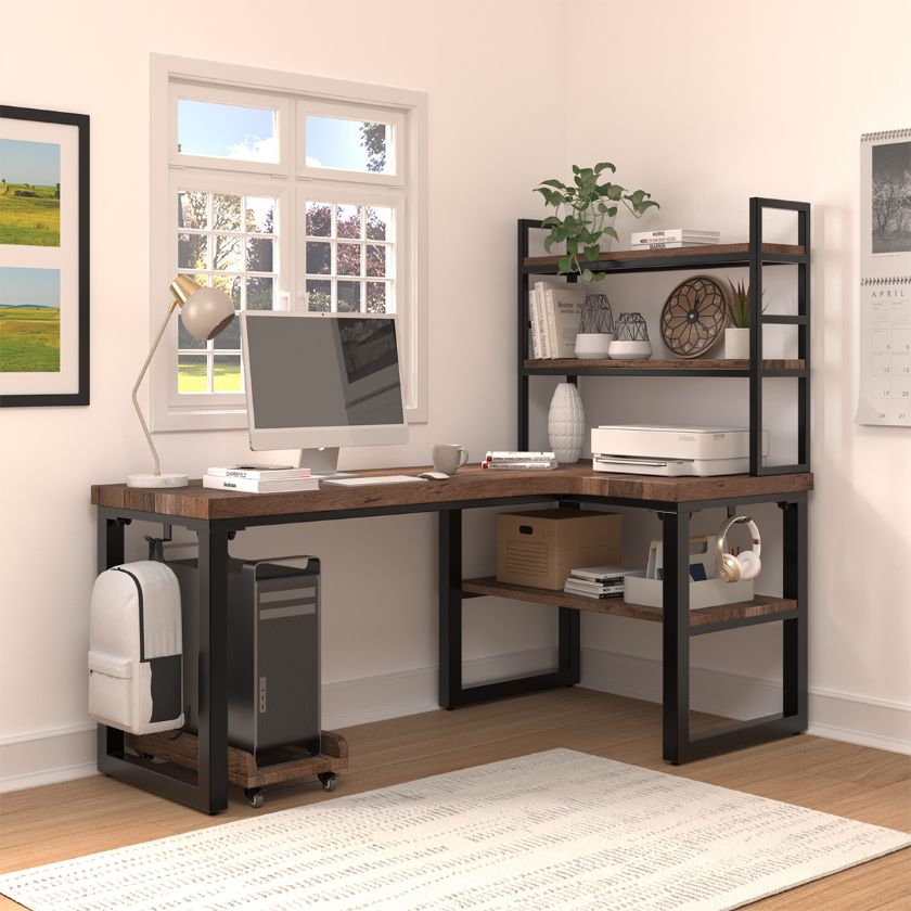 Picture of Kissimmee Solid Wood Corner Desk with Bookcase