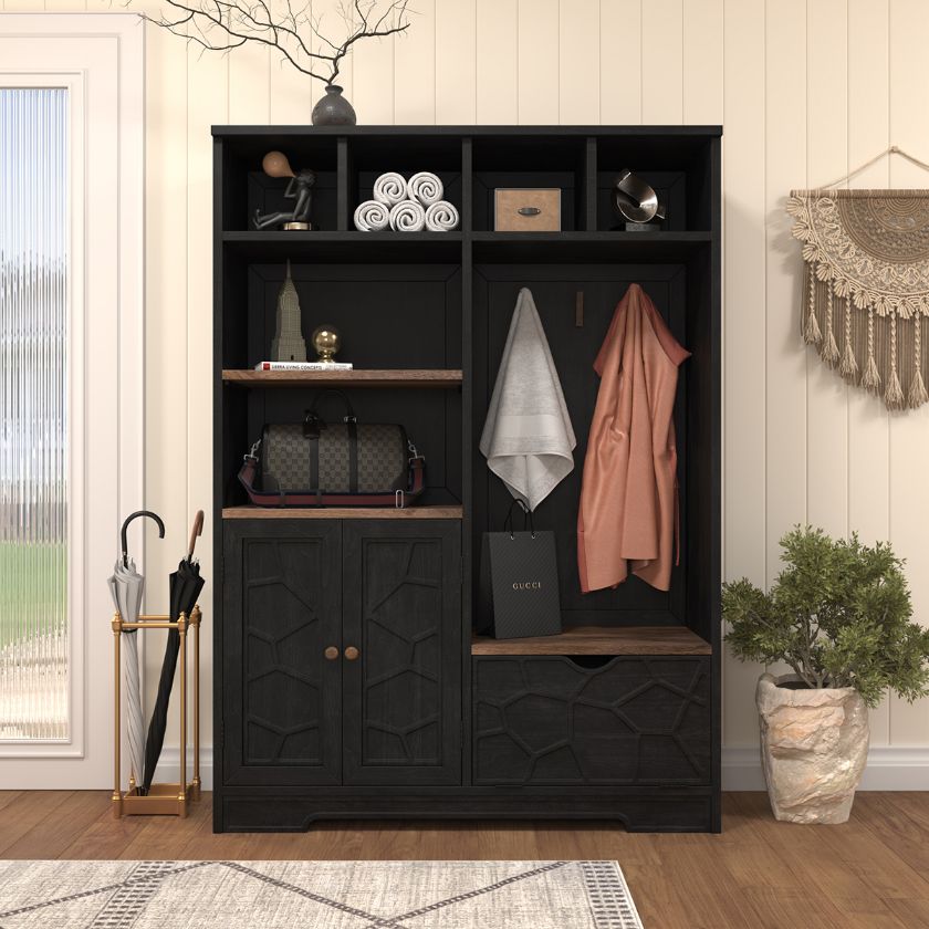 Picture of Pinecrest Modern Farmhouse Black Hall Tree with Shoe Storage