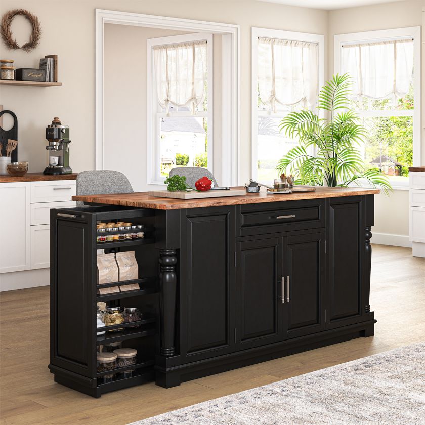 Picture of Lublin Solid Wood Farmhouse Black Kitchen Island With Drop Leaf