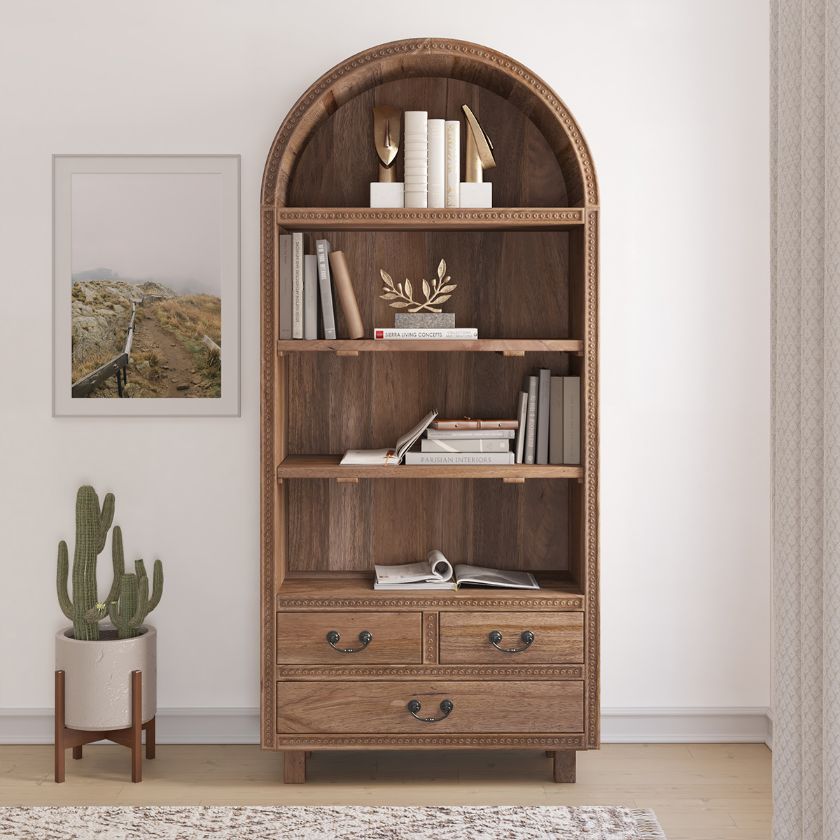 Picture of Sarasota Solid Wood Arched Bookcase with Drawers