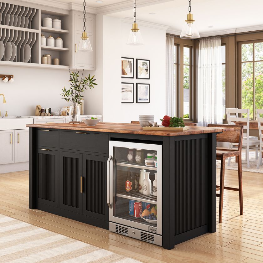 Picture of Bryan Fluted Farmhouse Black Kitchen Island with Fridge Space