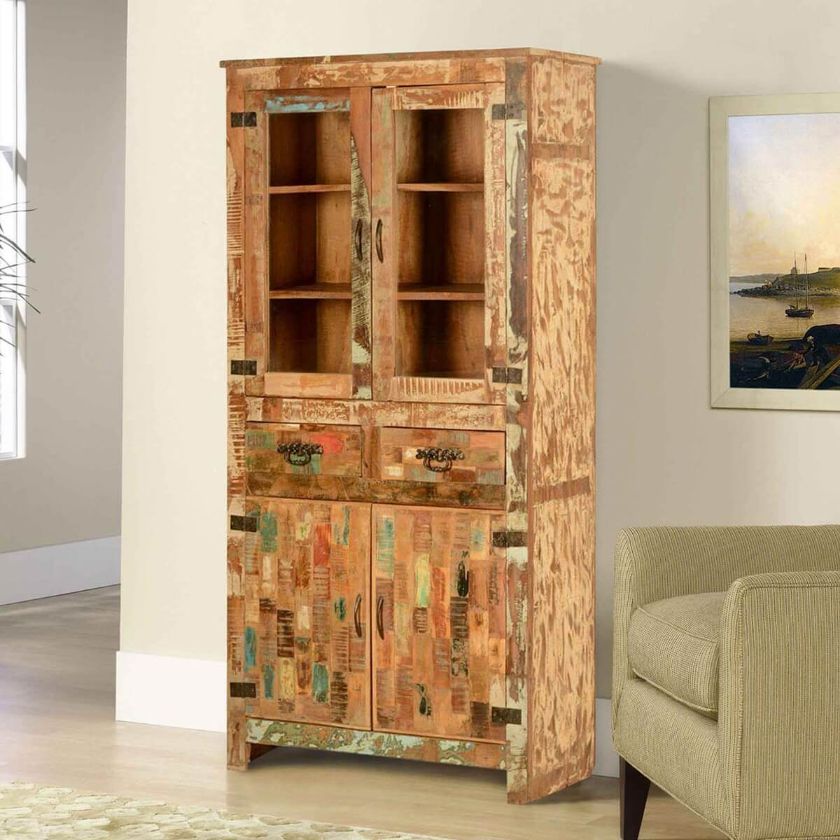 Picture of Mondrian Rustic Reclaimed Wood 2 Drawer Tall Display Cabinet