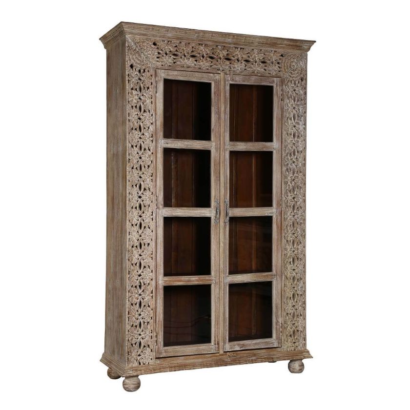 Picture of Dover Weathered Rustic Solid Wood Armoire with Glass Doors