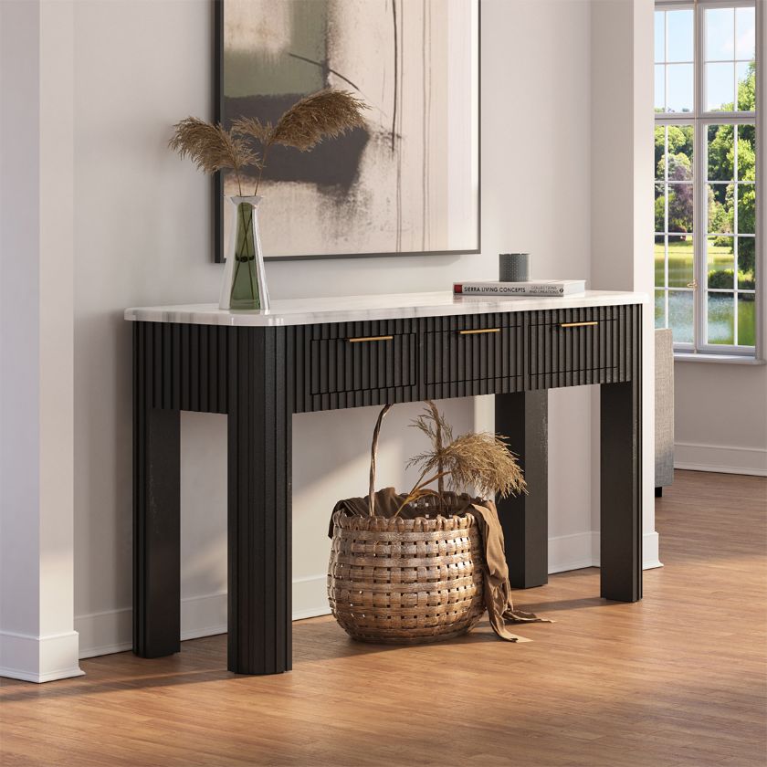 Picture of Rome Marble Top Fluted Modern Black Console Table with Drawers