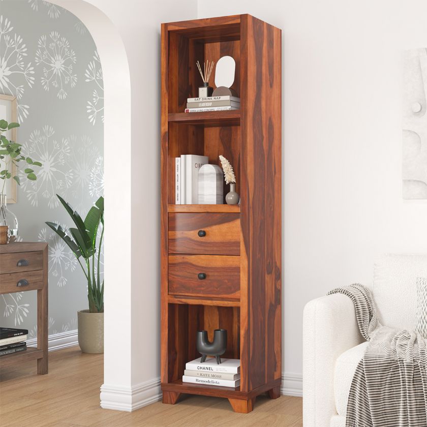 Picture of Colton Solid Wood Tall Narrow Bookcase with Drawers