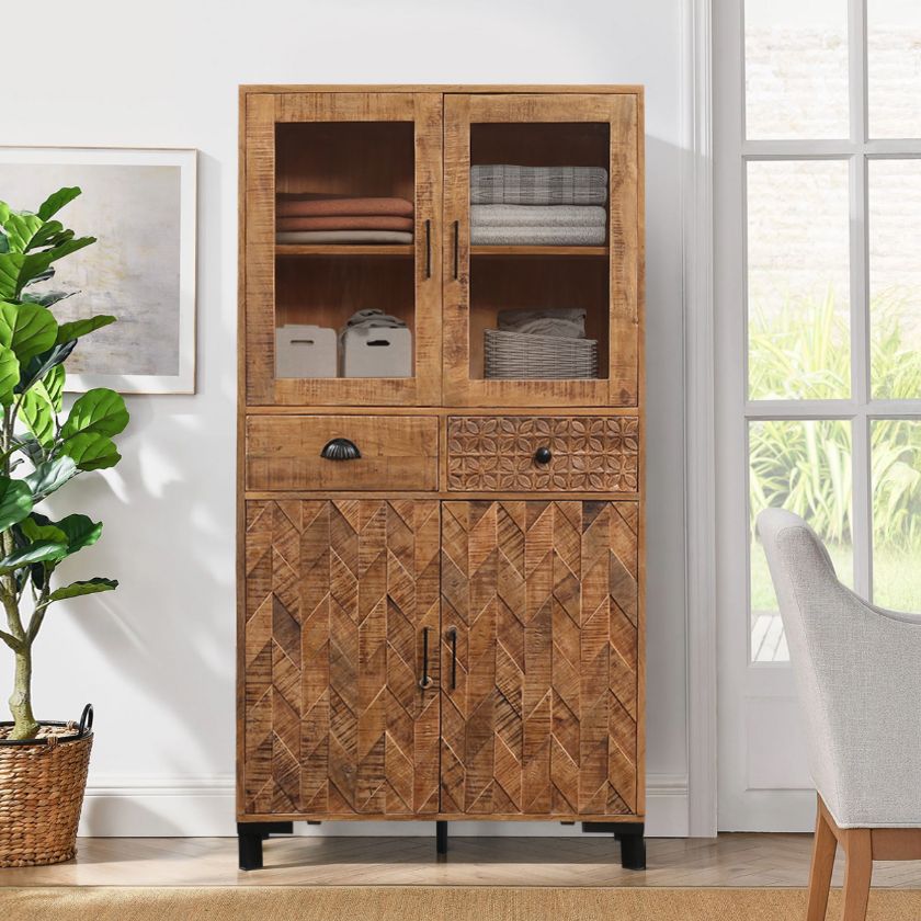 Picture of Downey Rustic Solid Wood Glass Door Armoire Cabinet