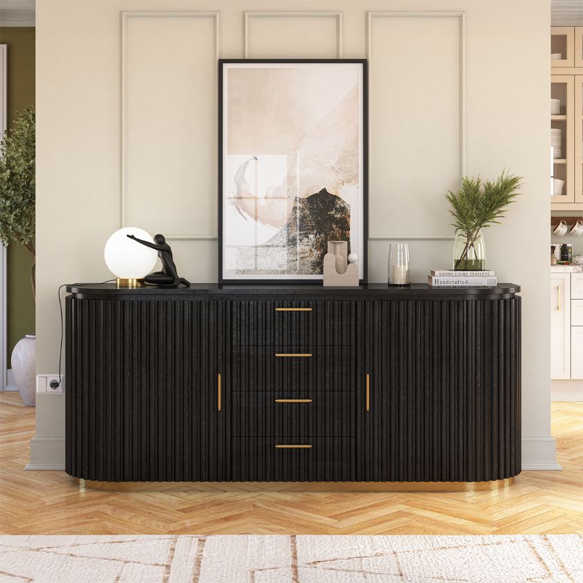 Picture of Perris Solid Wood Modern Black Fluted Sideboard with Drawers