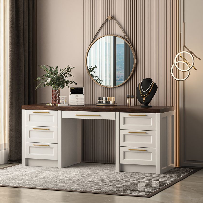 Picture of Alpine Solid Wood White Vanity Desk with Drawers