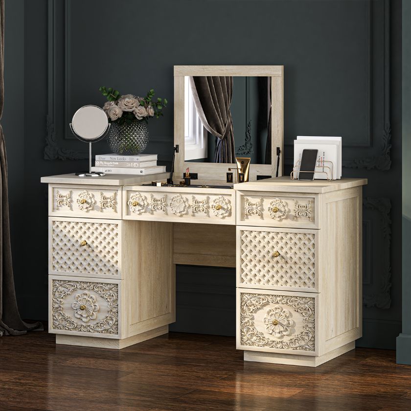 Picture of Nuala Hand Carved Solid Wood Makeup Vanity with Mirror